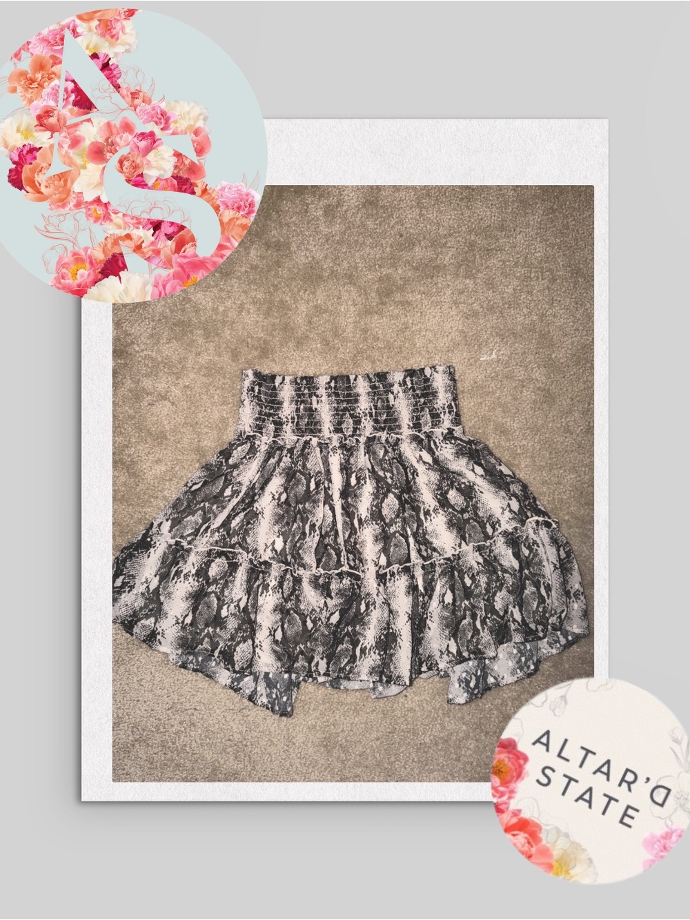 Altar'd State Black & White Snake Print Smocked Tiered Skirt